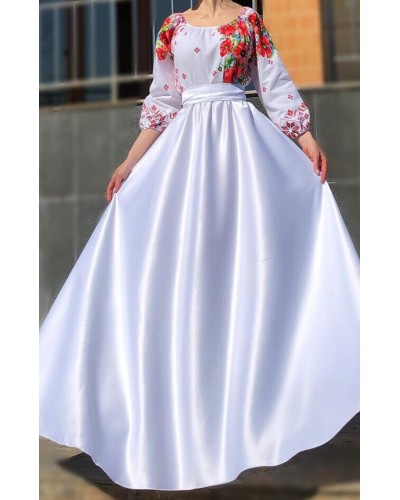 Rochii marimi mari, Rochie traditionala lunga din tafta alba Anna - dyandra.ro