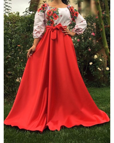 Rochie traditionala lunga din tafta rosie cu maci Anna Rochie traditionala lunga din tafta rosie cu maci Anna - dyandra.ro