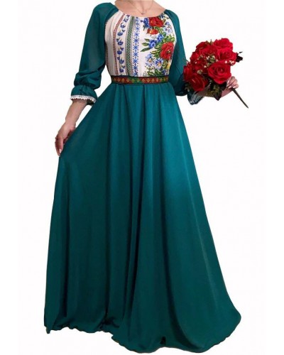 Rochie traditionala lunga verde smarald din voal vaporoasa Malina - dyandra.ro