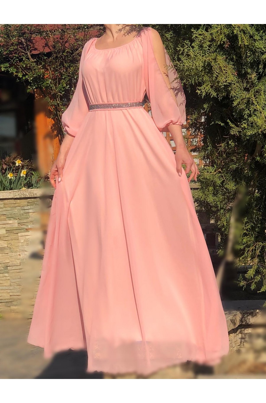 Rochie lunga roz pal din voal vaporoasa Afrodita 1 - dyandra.ro