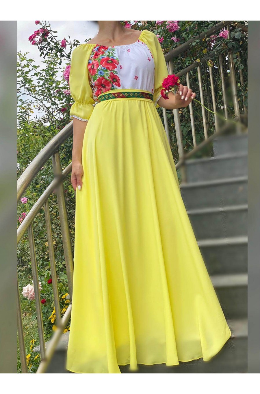 Rochie lunga galbena traditionala din voal vaporoasa Emanuela 1 - dyandra.ro