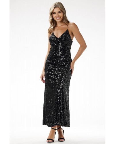 Rochie neagra din paiete tip furou lunga mulata Christa - dyandra.ro