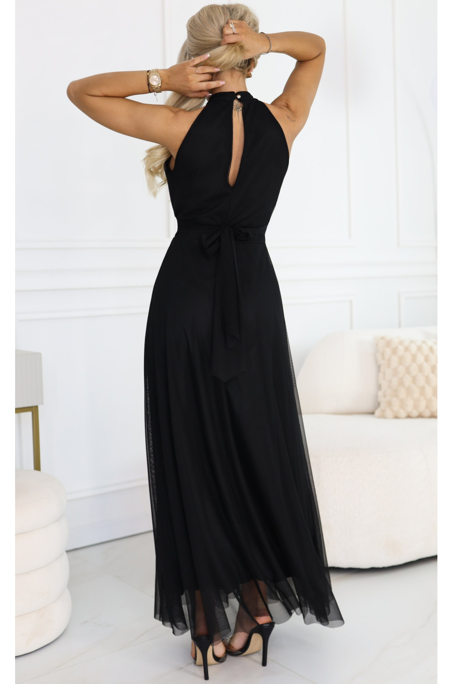 Rochie neagra eleganta lunga din tulle vaporoasa Selline 2 - dyandra.ro