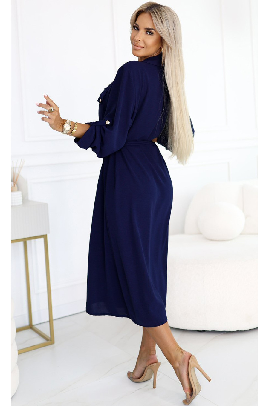 Rochie tip camasa bleumarin navy midi cu maneca lunga, Asiyah 2 - dyandra.ro