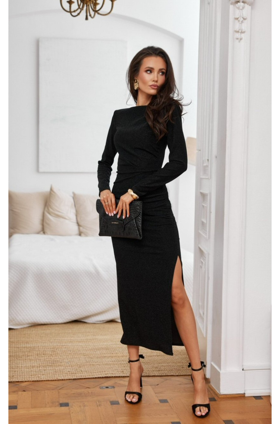 Rochie neagra midi mulata cu maneca lunga Rhea 1 - dyandra.ro