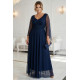 Rochie eleganta lunga din brocard bleumarin navy vaporoasa cu maneca lunga SheenyN 4 - dyandra.ro