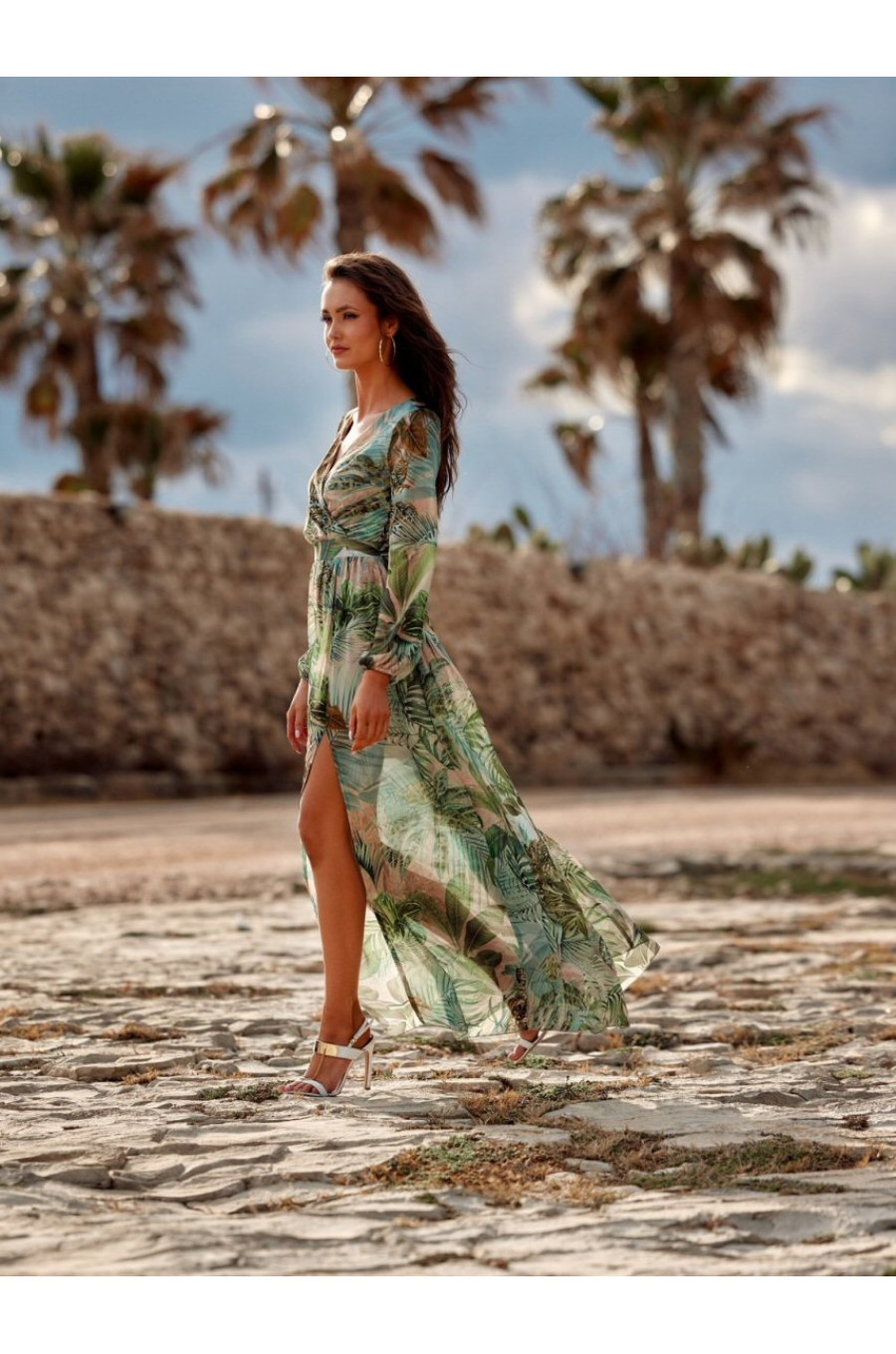 Rochie de vara lunga din voal kaki multicolor cu maneca lunga Anamaria Rochie de vara lunga din voal kaki multicolor cu maneca lunga Anamaria 2 - dyandra.ro