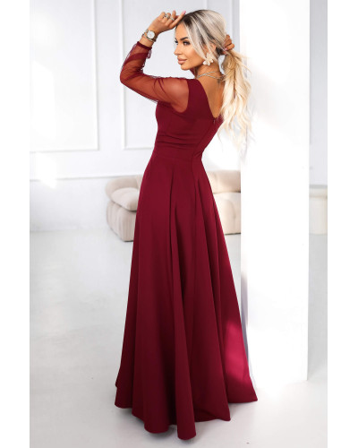 Rochie eleganta lunga burgundy vaporoasa cu maneca lunga Lorretta - dyandra.ro
