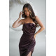 Rochie eleganta lunga din satin maro ciocolatiu mulata cu umerii goi si trandafir drapat GlamourB 4 - dyandra.ro