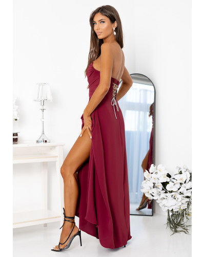 Rochii de nasa, Rochie eleganta lunga burgundy cu bust tip corset cu umerii goi VenussW  - dyandra.ro