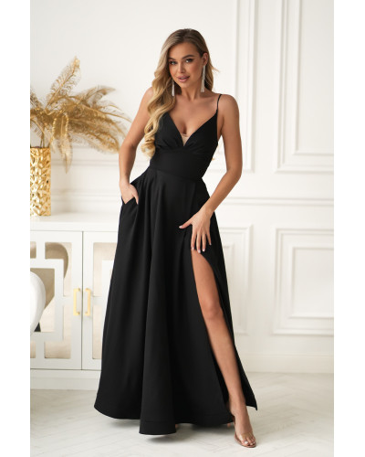 Rochie neagra eleganta lunga cu bust tip corset vaporoasa Jasmine - dyandra.ro