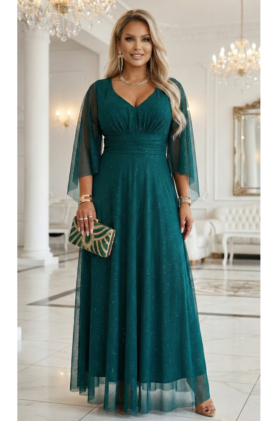 Rochie eleganta lunga din brocard verde cu maneca lunga vaporoasa SheenyN 3 - dyandra.ro