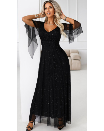 Rochie neagra lunga din brocard vaporoasa cu maneca lunga SheenyN - dyandra.ro