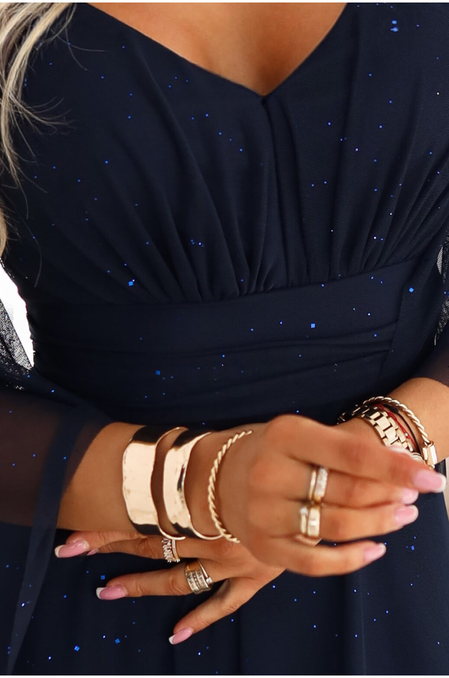 Rochie eleganta lunga din brocard bleumarin navy vaporoasa cu maneca lunga SheenyN 5 - dyandra.ro