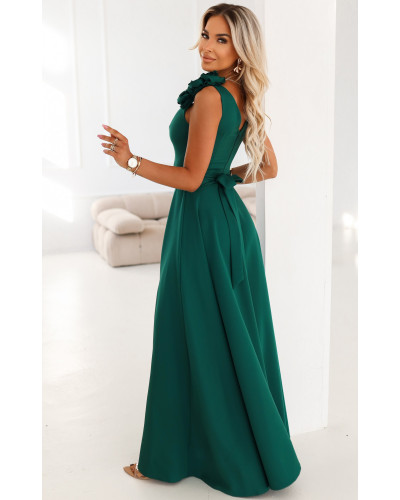 Rochie eleganta lunga verde cu floare pe bust MoniqueW - dyandra.ro