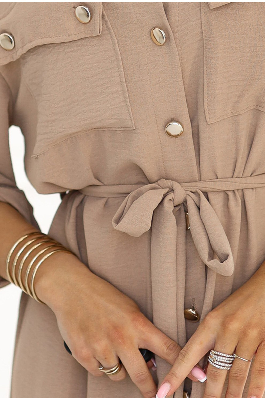 Rochie tip camasa cappuccino midi cu maneca lunga Asiyah 3 - dyandra.ro