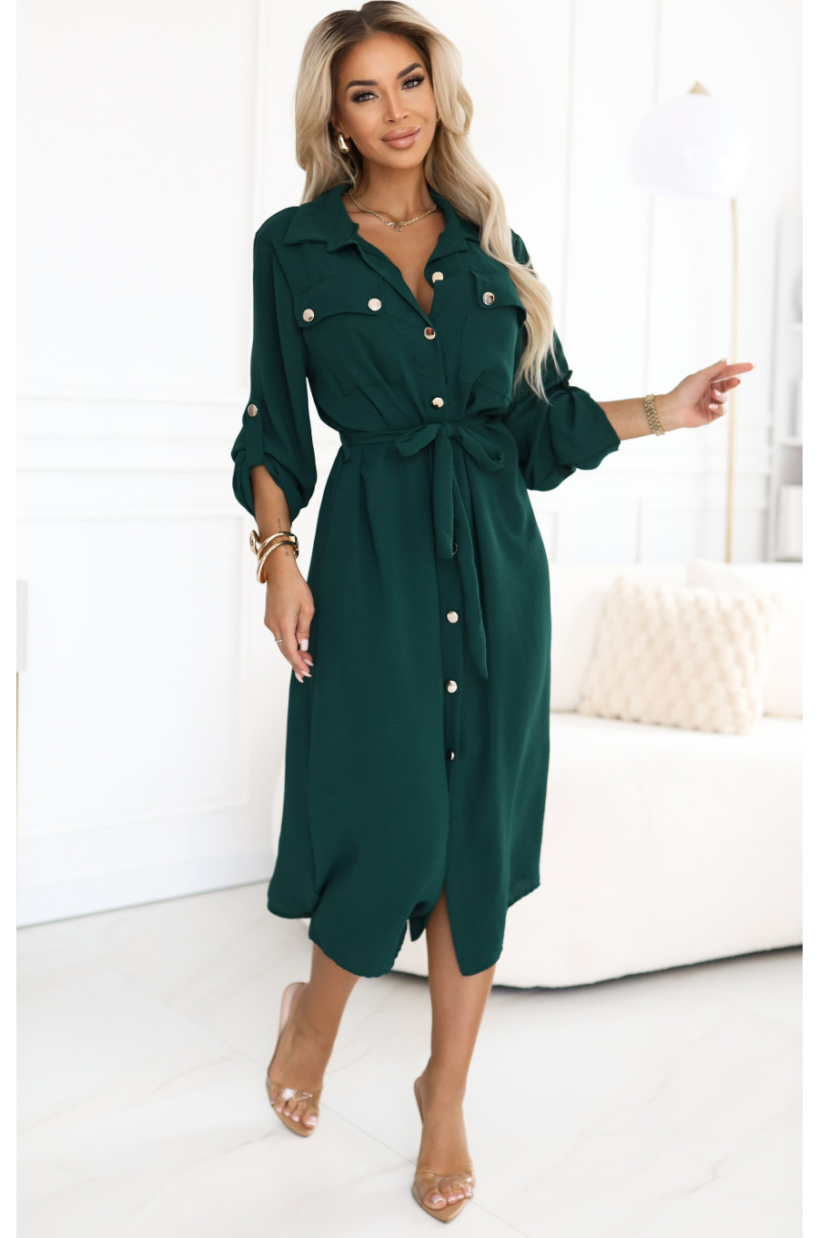 Rochie tip camasa verde midi cu maneca lunga Asiyah 4 - dyandra.ro