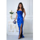 Rochie eleganta lunga din satin albastra mulata cu umerii goi si trandafir pe bust GlamourB 2 - dyandra.ro