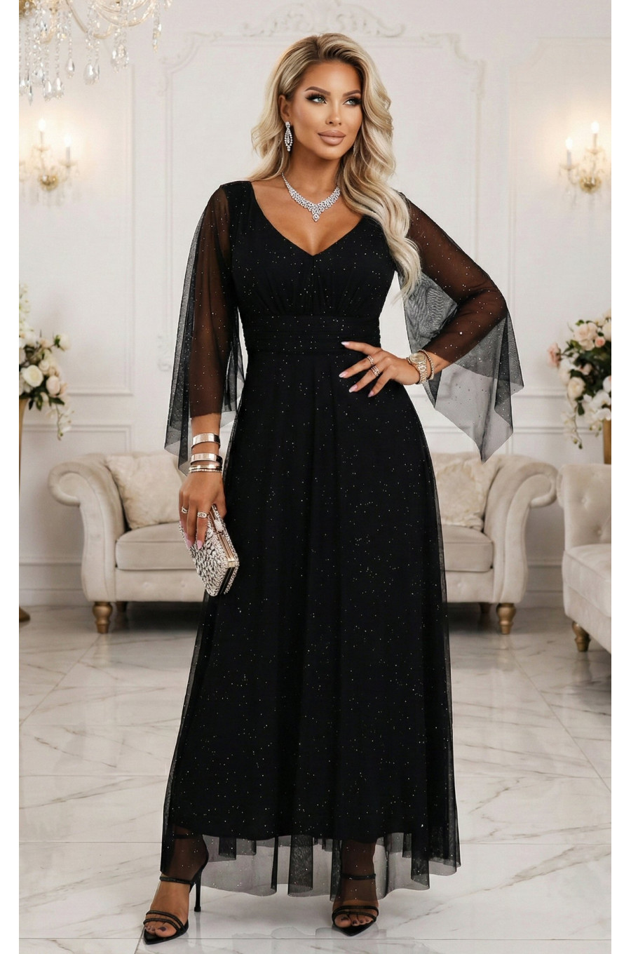 Rochie neagra lunga din brocard vaporoasa cu maneca lunga SheenyN 3 - dyandra.ro
