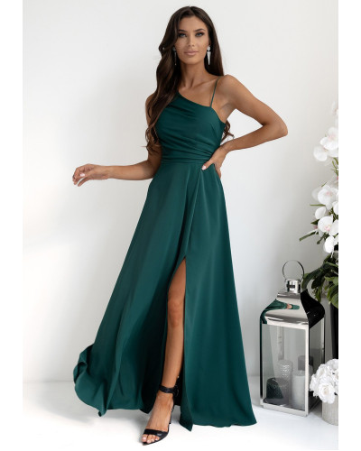 Rochii de nasa, Rochie de ocazie lunga verde cu un umar gol vaporoasa Monako - dyandra.ro