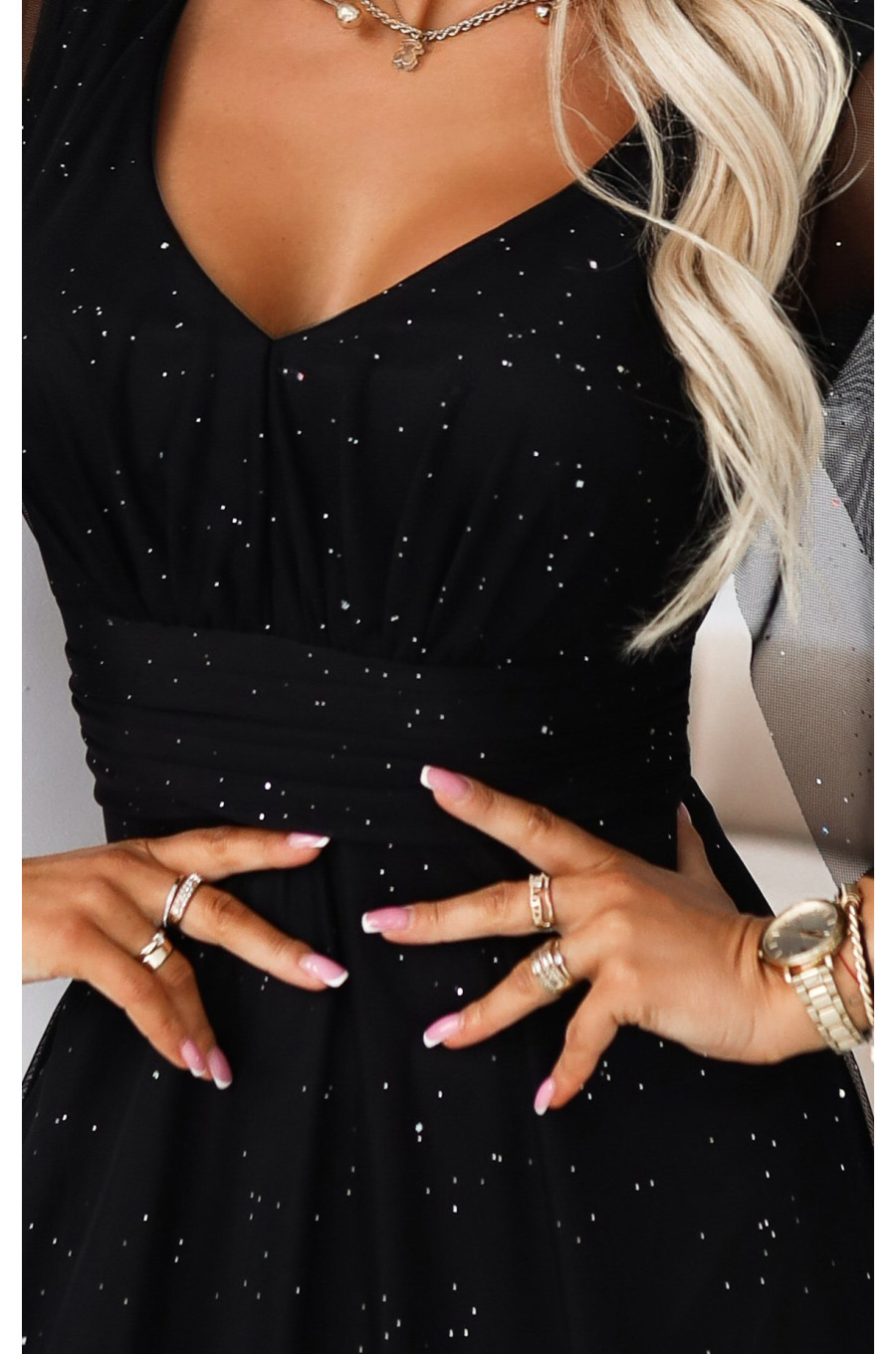 Rochie neagra lunga din brocard vaporoasa cu maneca lunga SheenyN 5 - dyandra.ro