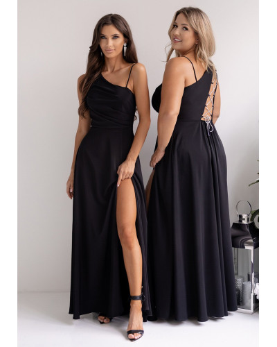 Rochii marimi mari, Rochie de ocazie lunga neagra cu un umar gol vaporoasa Monako - dyandra.ro