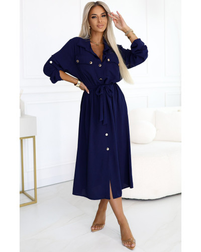 Rochie tip camasa bleumarin navy midi cu maneca lunga, Asiyah - dyandra.ro