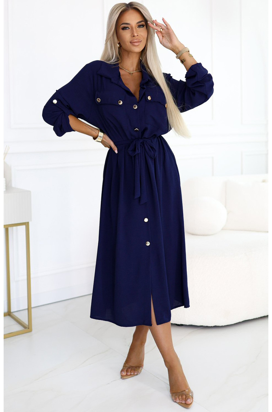 Rochie tip camasa bleumarin navy midi cu maneca lunga, Asiyah 1 - dyandra.ro