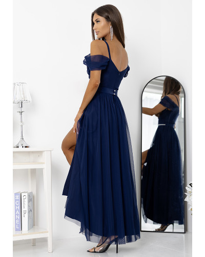Rochie eleganta lunga din tulle bleumarin navy cu umerii goi vaporoasa KiaraW - dyandra.ro