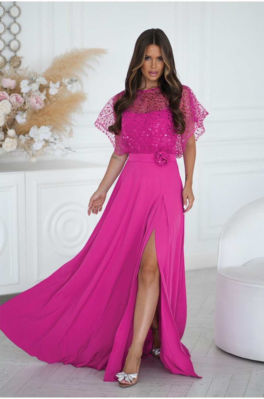 Rochie eleganta lunga fucsia cu paiete pe bust vaporoasa Azaliya 1 - dyandra.ro