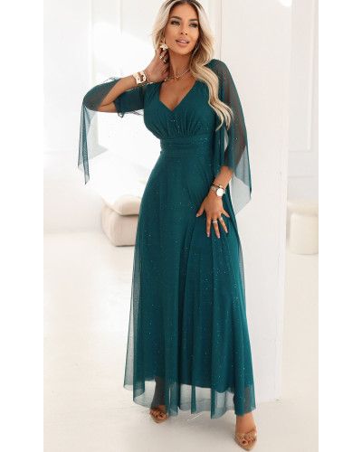 Rochie eleganta lunga din brocard verde cu maneca lunga vaporoasa SheenyN - dyandra.ro