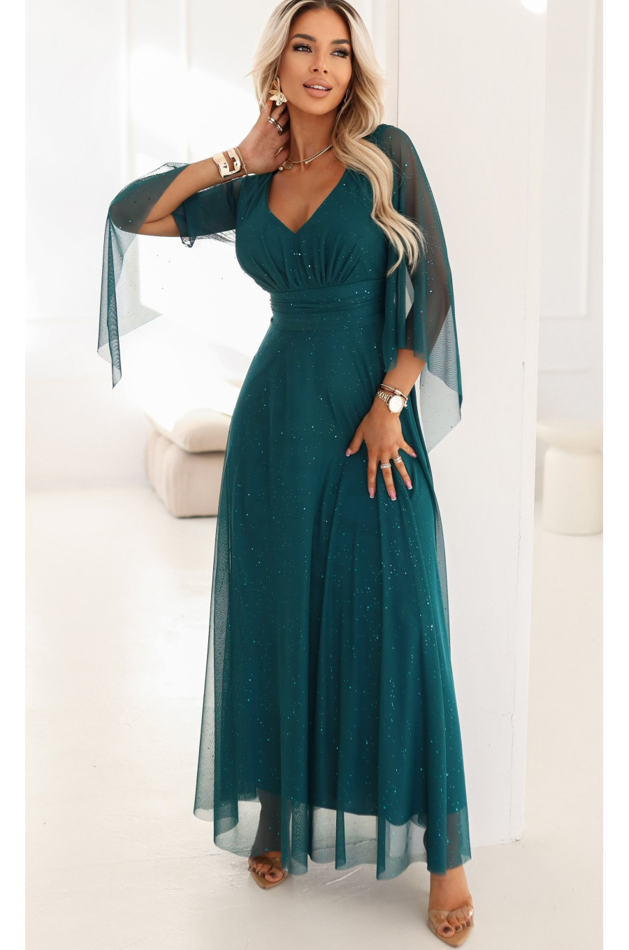 Rochie eleganta lunga din brocard verde cu maneca lunga vaporoasa SheenyN 1 - dyandra.ro
