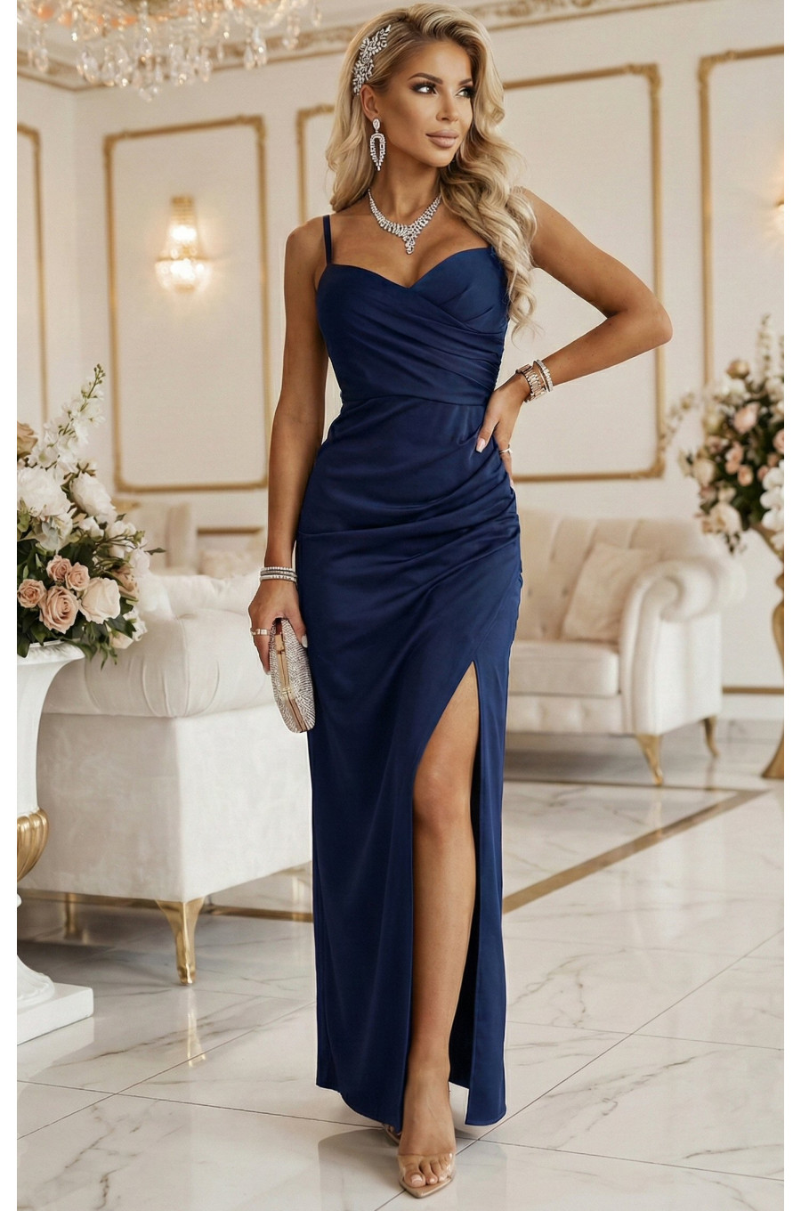 Rochie eleganta lunga bleumarin navy mulata crapata pe picior Astrid Rochie eleganta lunga bleumarin navy mulata crapata pe picior Astrid 4 - dyandra.ro