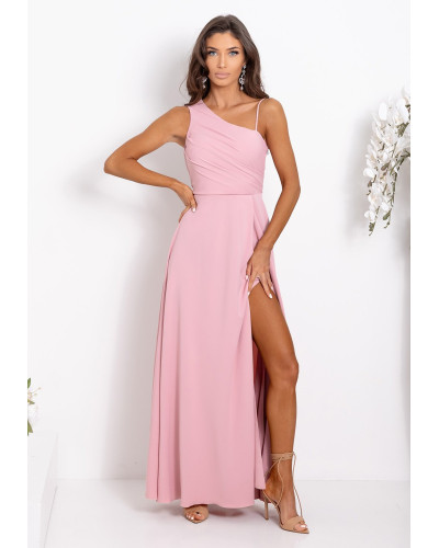 Rochie eleganta lunga roz pudra cu un umar gol vaporoasa Monako - dyandra.ro