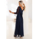 Rochie eleganta lunga din brocard bleumarin navy vaporoasa cu maneca lunga SheenyN 3 - dyandra.ro