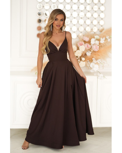 Rochie eleganta lunga maro ciocolata cu bust tip corset vaporoasa Jasmine - dyandra.ro