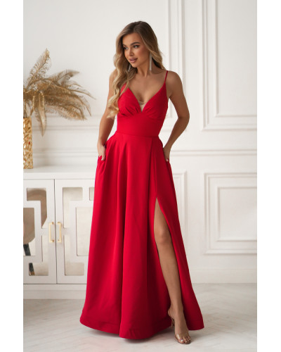 Rochie rosie  eleganta lunga cu bust tip corset vaporoasa Jasmine - dyandra.ro