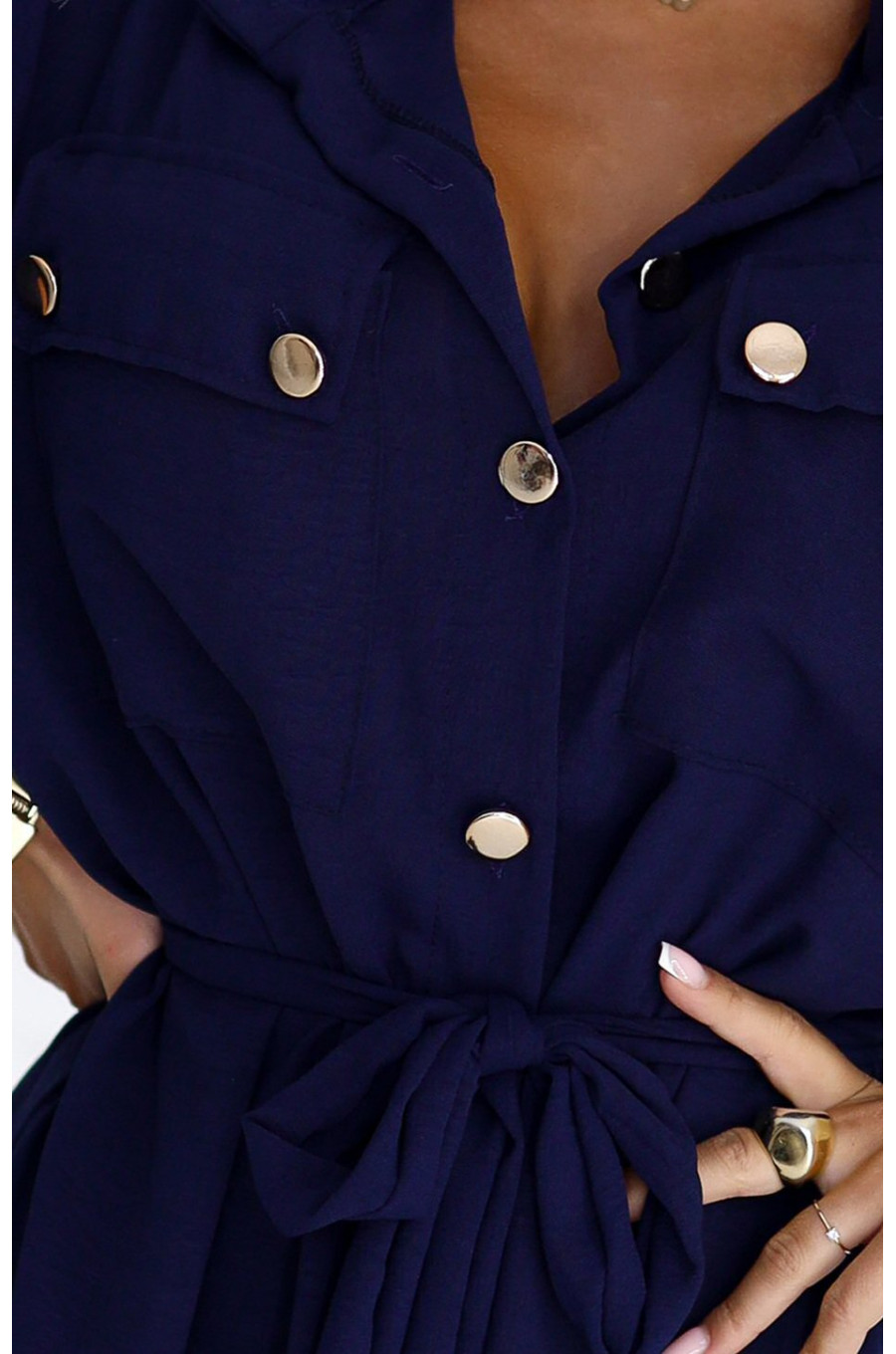 Rochie tip camasa bleumarin navy midi cu maneca lunga, Asiyah 3 - dyandra.ro