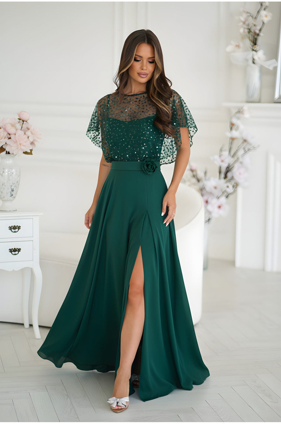 Rochie de nunta lunga verde smarald cu paiete pe bust vaporoasa Azaliya Rochie de nunta lunga verde smarald cu paiete pe bust vaporoasa Azaliya 1 - dyandra.ro