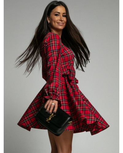 Rochie in carouri rosie scurta in clos cu maneca lunag Verusca - dyandra.ro