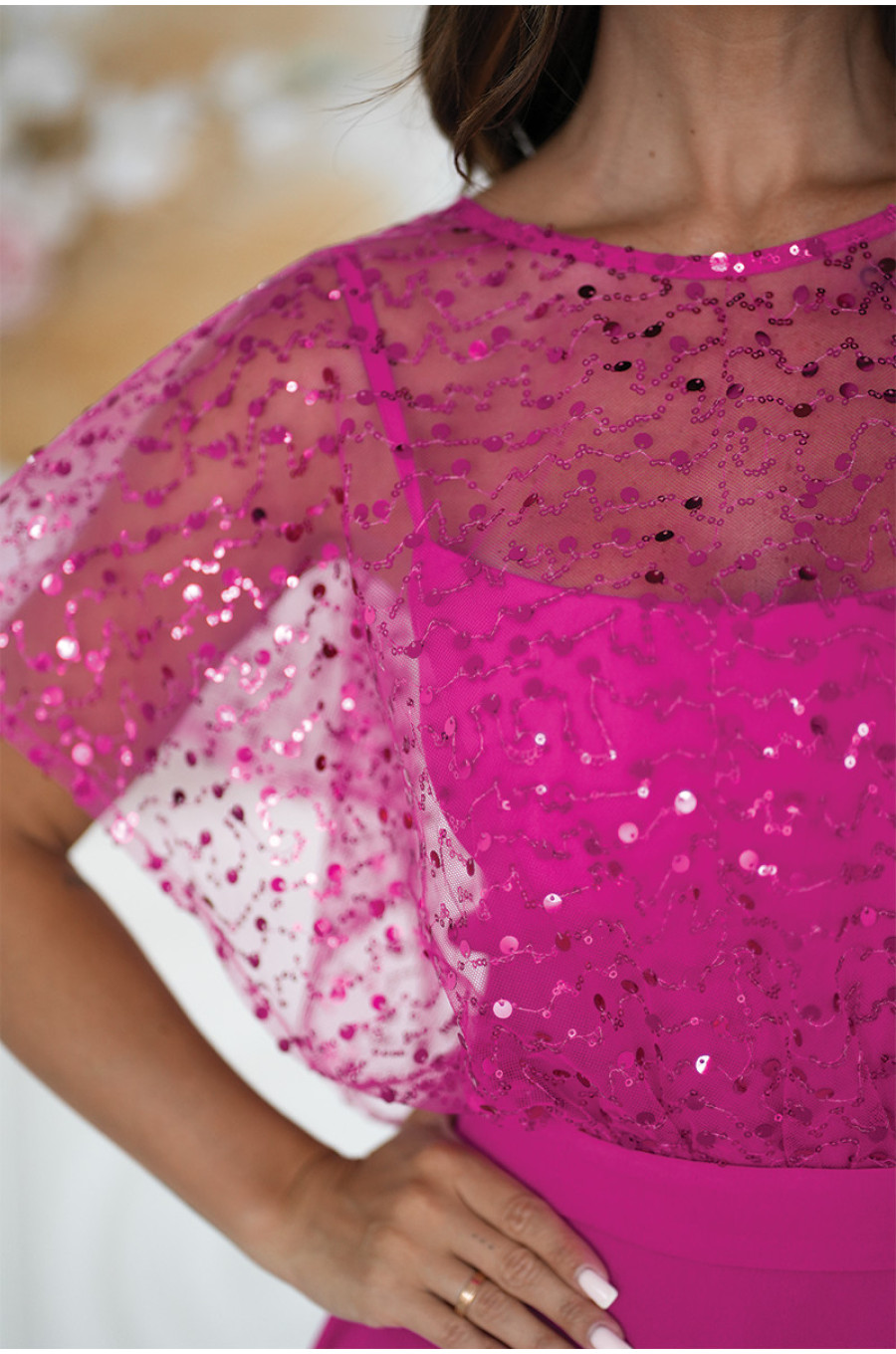 Rochie eleganta lunga fucsia cu paiete pe bust vaporoasa Azaliya 3 - dyandra.ro