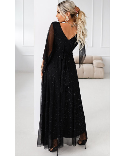 Rochie neagra lunga din brocard vaporoasa cu maneca lunga SheenyN - dyandra.ro