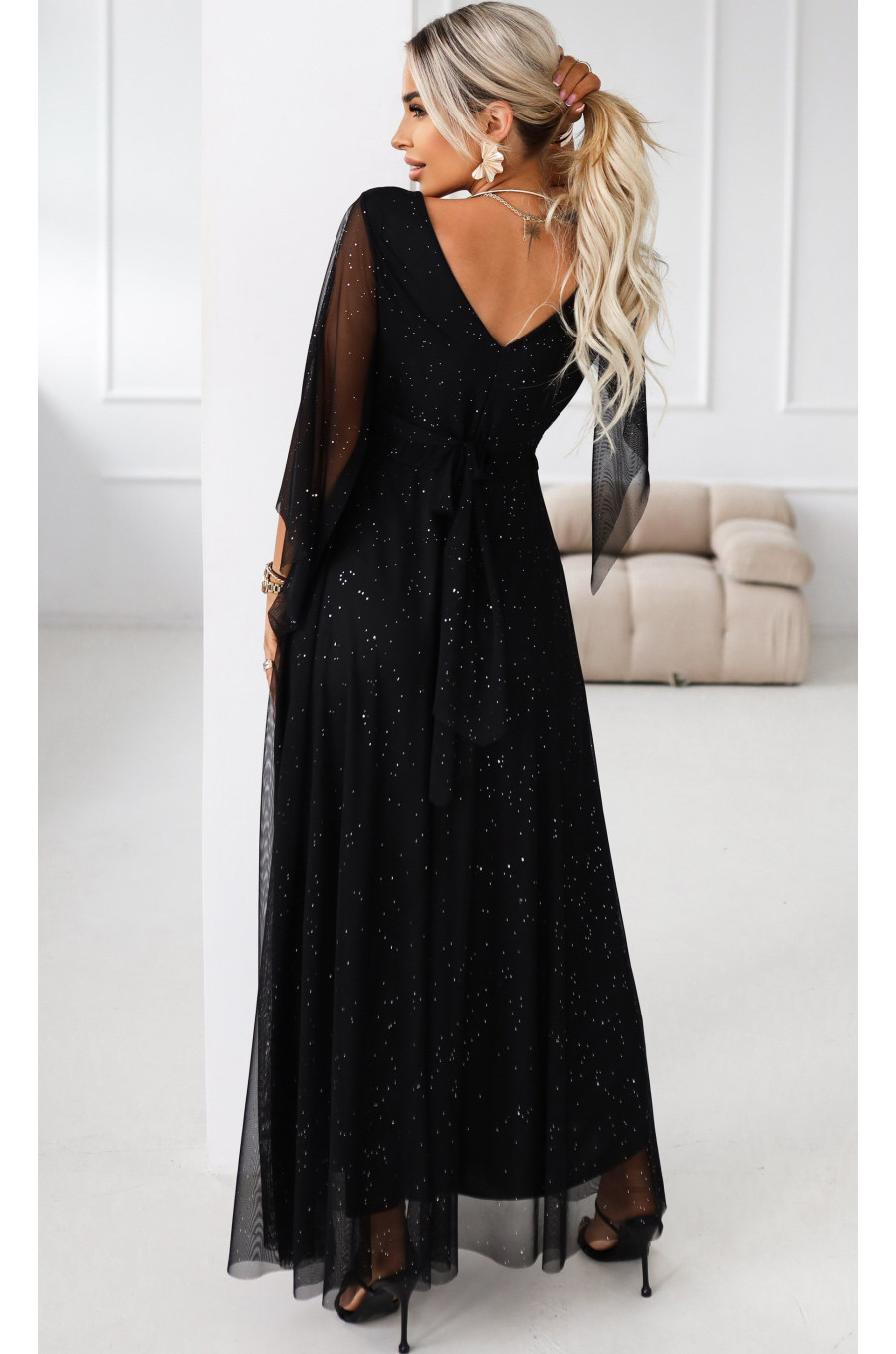 Rochie neagra lunga din brocard vaporoasa cu maneca lunga SheenyN 2 - dyandra.ro