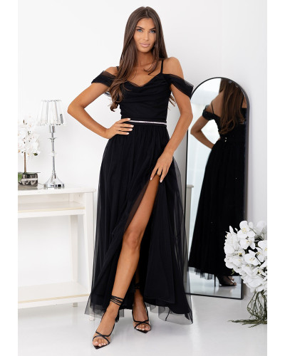 Rochie neagra eleganta lunga din tulle cu umerii goi vaporoasa KiaraW - dyandra.ro