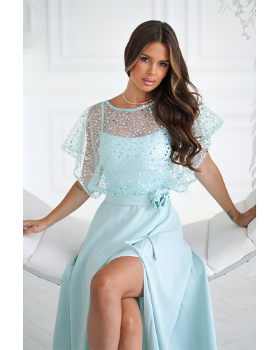 Rochii cununie civila, Rochie eleganta lunga menta cu paiete vaporoasa Azaliya - dyandra.ro