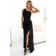 Rochie de ocazie eleganta brocard neagra cu un umar gol Selena 2 - dyandra.ro