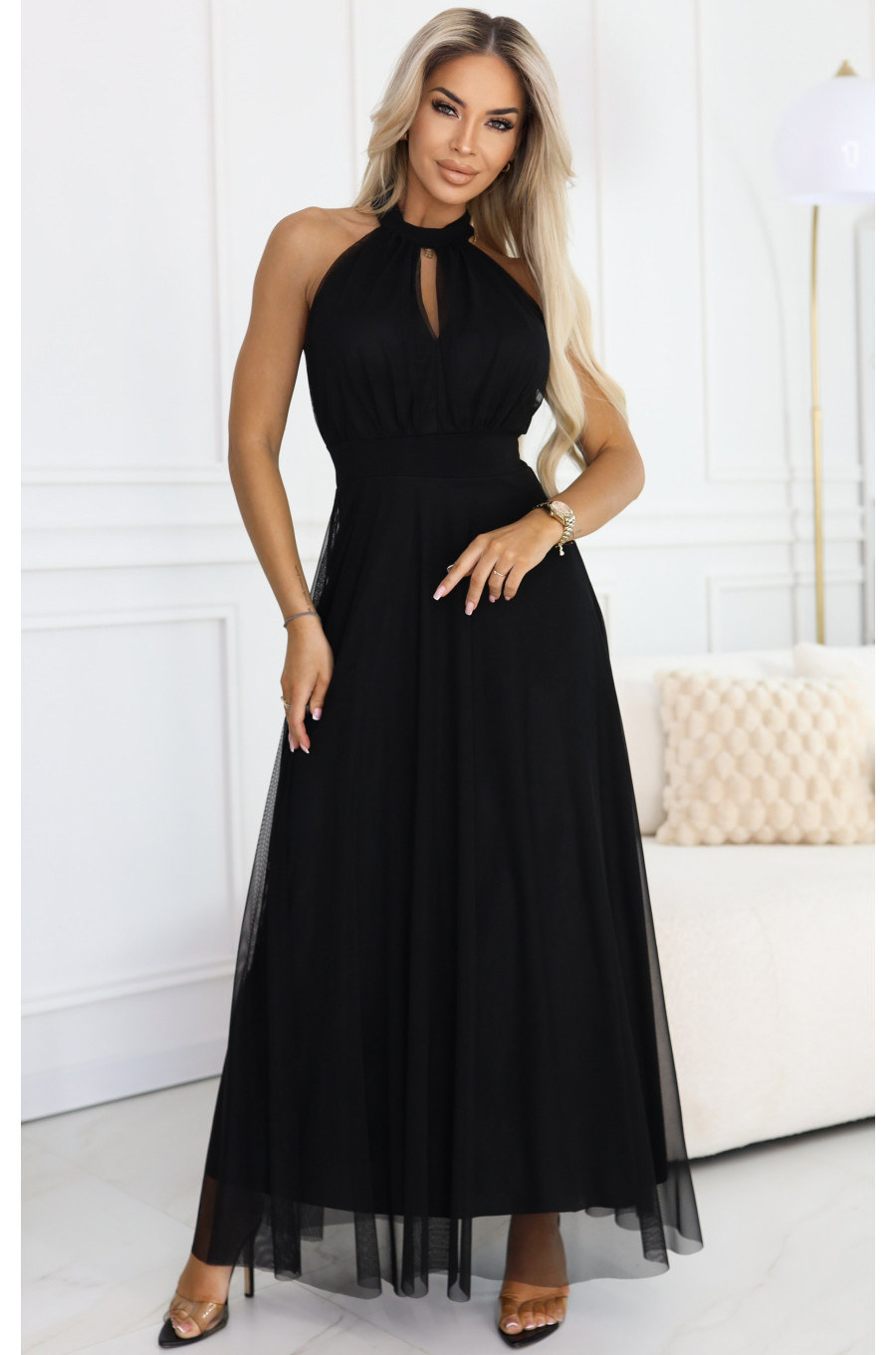 Rochie neagra eleganta lunga din tulle vaporoasa Selline 1 - dyandra.ro