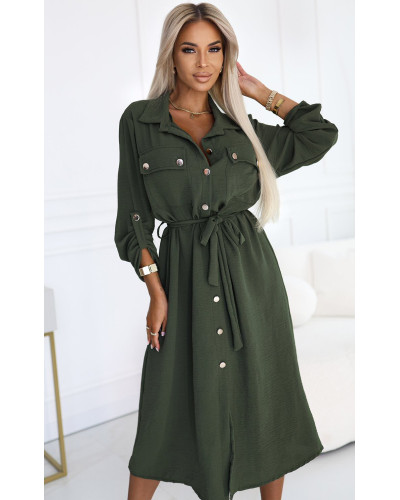 Rochie tip camasa kaki midi cu maneca lunga Asiyah - dyandra.ro