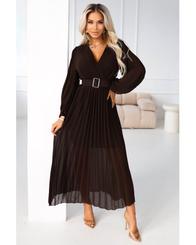 Rochie plisata lunga, din chiffon maro ciocolata, cu maneca lunga, vaporoasa, Vaneira - dyandra.ro