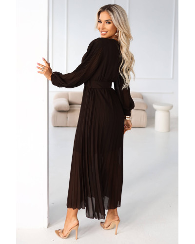 Rochie plisata lunga, din chiffon maro ciocolata, cu maneca lunga, vaporoasa, Vaneira - dyandra.ro